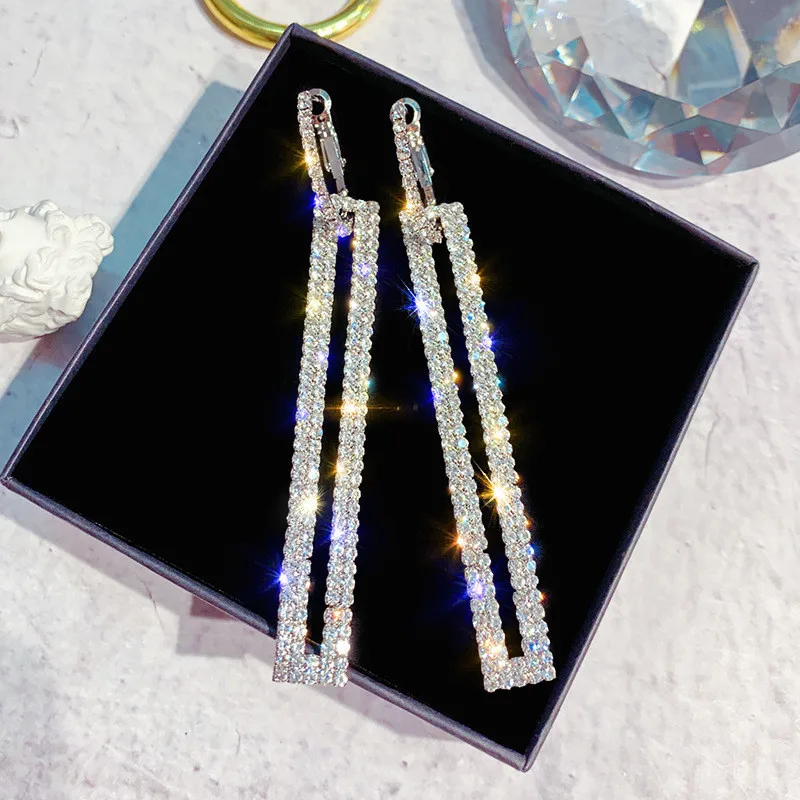 Silver Модные серьги из серебра S925 пробы, длинные геометрические серьги, роскошные золотые, серебряные, синие прямоугольные стразы, серьги для женщин, вечерние, подарки - Окраска металла: Silver
