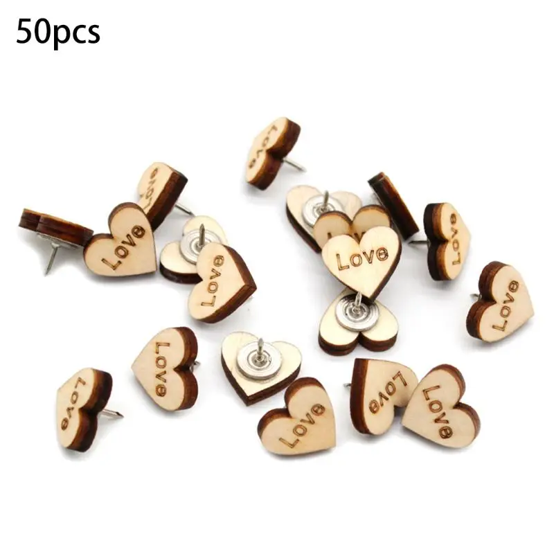 

50 pcs/lot Nautral Heart Wooden Push Pins Thumbtacks Steel Point Bulletin Board
