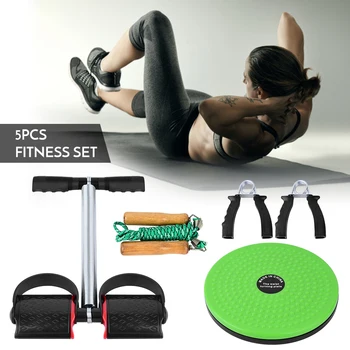 

5PCS Fitness Set w/ Spring Pedal Puller Waist Twist Board Hand Grip Adjustable Jump Rope Home Office Gym resistance bands set