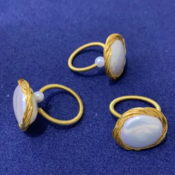 

New Nature Freshwater Button Pearl Ring Pearl Crystal Ring for Women Wedding Gift Size 18x20mm
