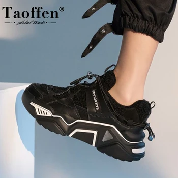 

Taoffen Women Sneaker Real Leather Warm Fur Winter Shoes Woman Fashion Platform Cross Strap High Heel Daily Footwear Size 35-40