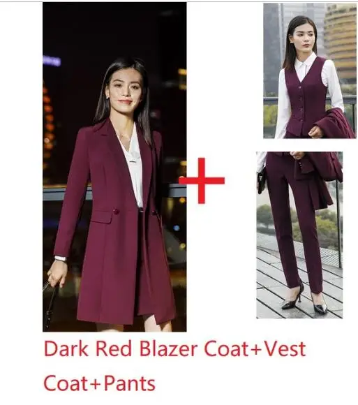 wine red 3pcs Осень зима женские блейзеры костюмы униформа дизайн бизнес дамские офисные костюмы с длинной ветровкой - Цвет: wine red 3pcs