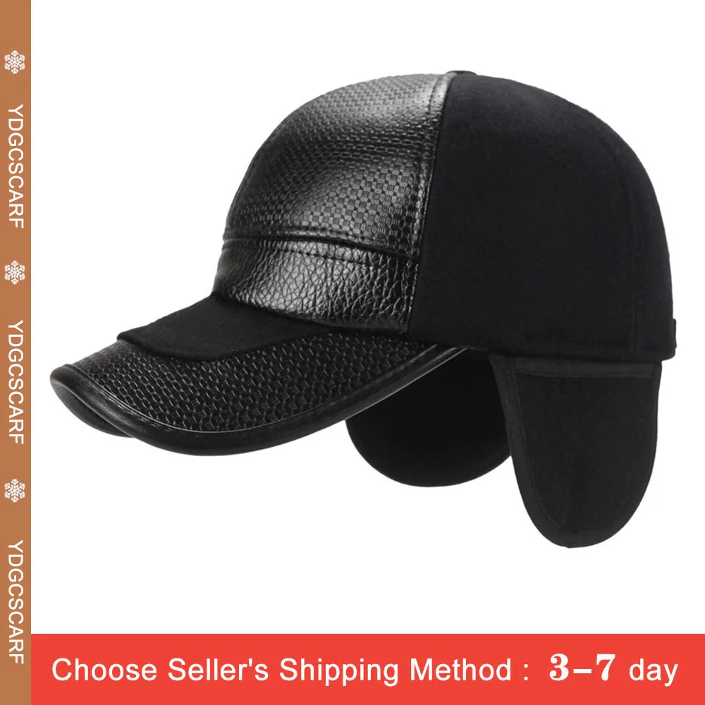 

2020 Mens Winter Leather Trapper Hat Wool Baseball Cap Ear Flaps Brand Snapback Hats Thicken Cotton Fitted Cap Adjustable Size