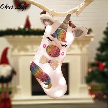 

2019 Big Size New Christmas Decoration Unicorn Christmas Socks Gift Bag Candy Bag Large Unicorn Xmas Socks Gift Bag
