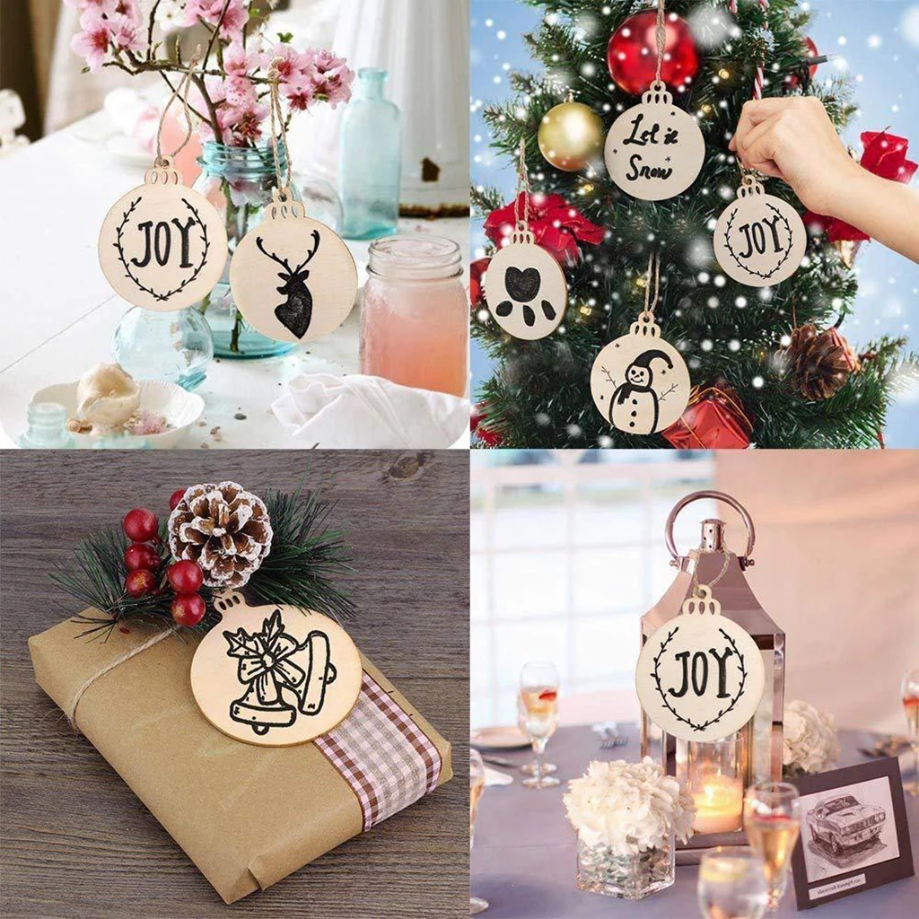 62pcs Christmas Wood Chip Tree Ornaments Xmas Hanging Pendant Decorations