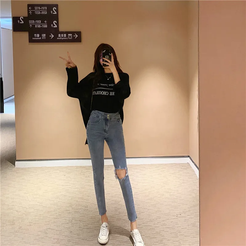 S-xl осенние корейские стильные эластичные рваные джинсы с высокой талией для женщин узкие джинсы брюки карандаш для женщин джинсовые брюки(z8679