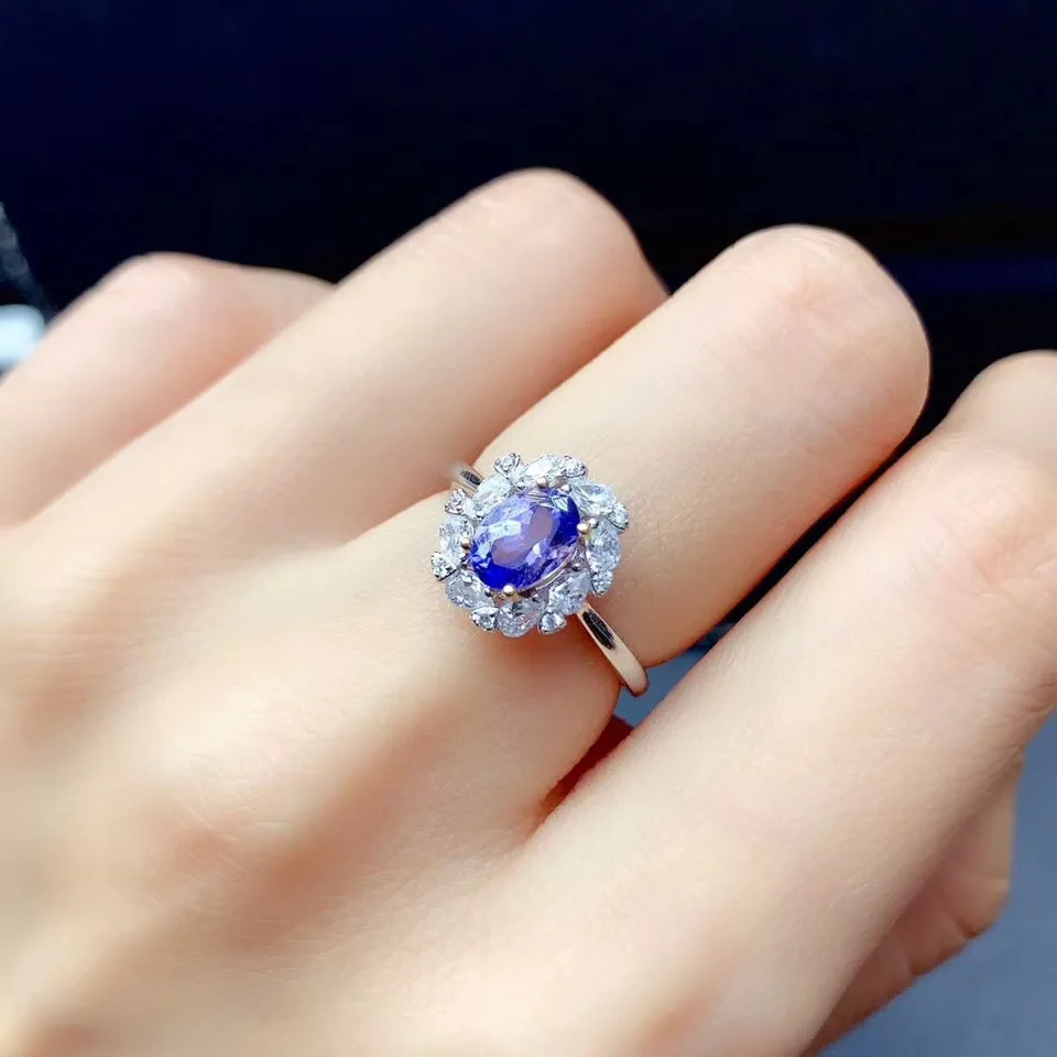 天然タンザナイトリング、S925スターリングシルバー女性ジュエリー、シンプルで絶妙な婚約指輪