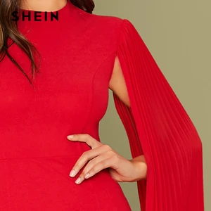 Image 4 - SHEIN rouge solide plissé Cape partie moulante robe sans ceinture femmes 2019 automne taille haute Cape manches Sexy crayon robes 