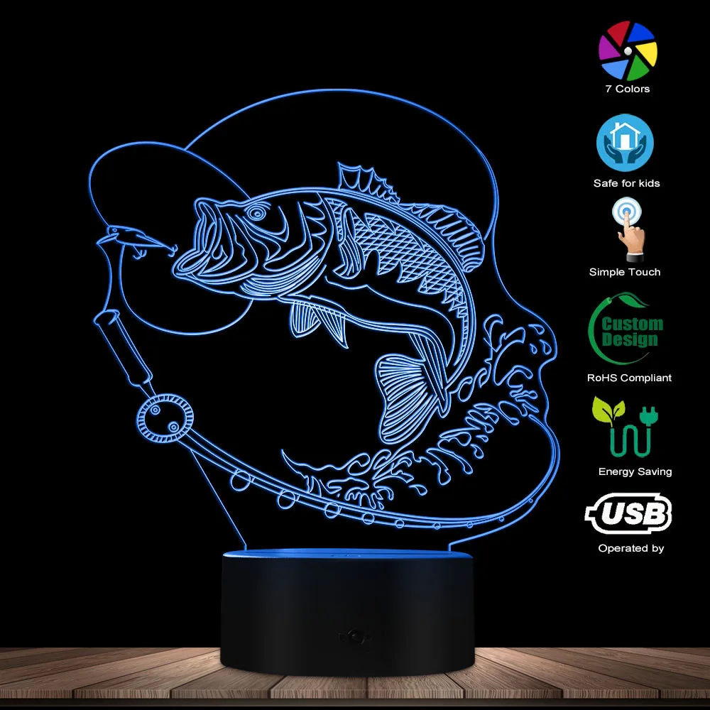 1 шт Рыбалка светодиодная табличка с подсветкой Рыбалка Большая рыба светодиодный настольная лампа Рыбак Спальня освещения Декор подарок
