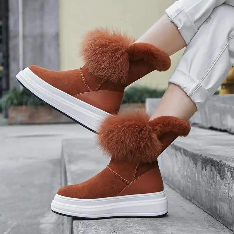 

2019 Natural Cow Suede Rabbit Fur Snow Boots Sweet Ladies Warm Winter Mid Calf Boots Ladies Flat Platform Shoes Woman