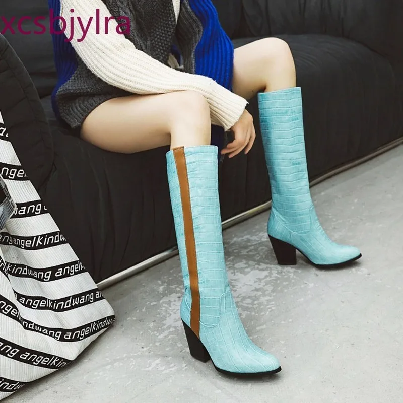 Winter Fashion Pointed Thick heel Tall Knight boots green personality Plus cashmere Keep warm High Women 34-43 | Обувь
