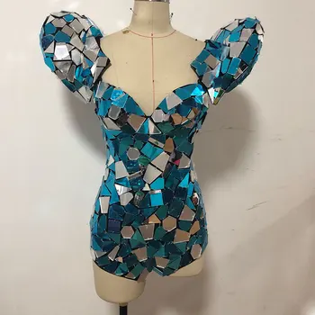 

Full Mirror stage costume sexy burning man festival outfit nightclub bar singer gogo female party shrug high fork bodysuit