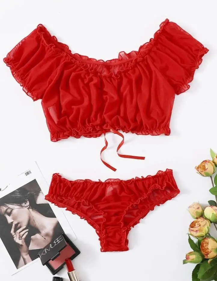Women Sexy Ruched Ruffles Mesh Sheer 2PCS Exotic Sets Femme See-through s Set Exotic Clothes for Valentine's Day women lingerie