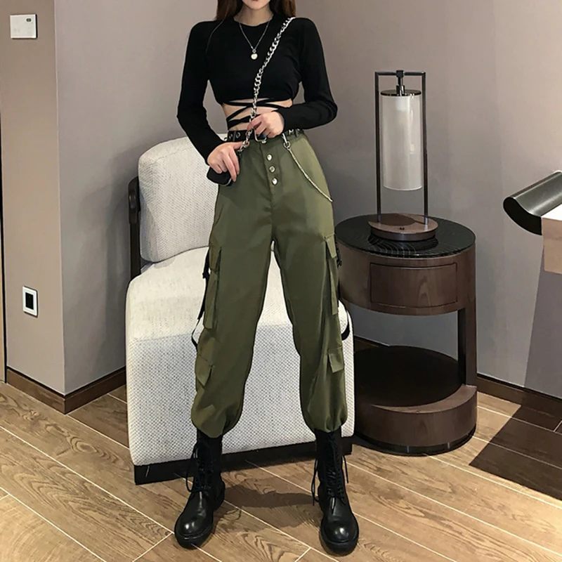 Army Green Cargo Pants for Women High Waist Pant Big Pockets Punk Joggers  Gothic Girls Casual Satin Pants Spring Autumn 2023