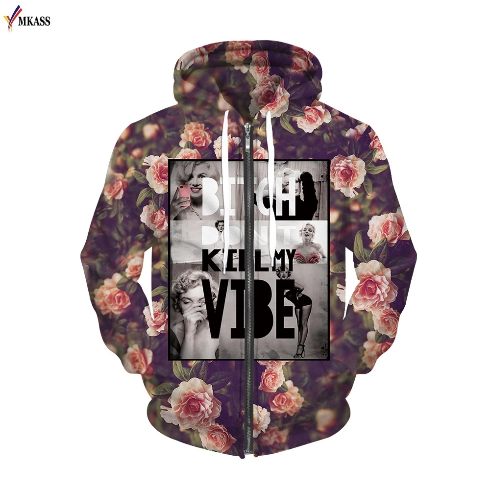 MKASS Fashion Fleece Hoody Zipper Jacket Men/Women 3d sweatshirt print Monroe / Peony  lovely hooded hoodies S-XL