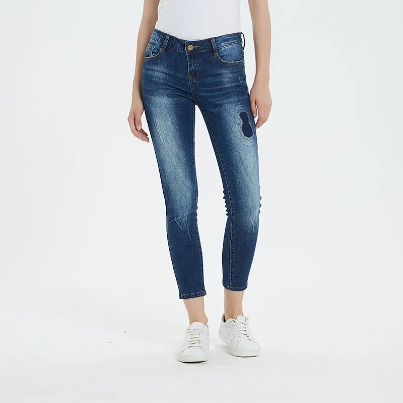 

2019 Jeans Woman Mid Waist Ankle-Length Streetwear Cotton Bleached Patchwork Pencil Pants Plus Size 3XL