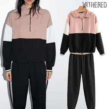 Увядшие BTS Англия цвет столкновения лоскутное толстовки для женщин Толстовка Пуловеры и боковые полосы шаровары комплект из 2 предметов блейзер