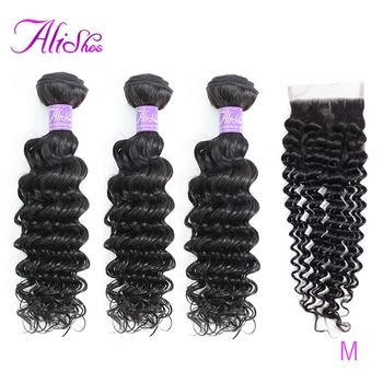 

Alishes Malaysian Hair 3 Bundles Deep Wave With Closure 4x4 Brown Lace Human Hair Closure With Bundles Remy Hair Weave 4Pcs/Lot
