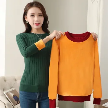 

winter knitted bottomshirt plus velvet plus thick round collar sleeve long-sleevewarm hot sweater big size women's clothing