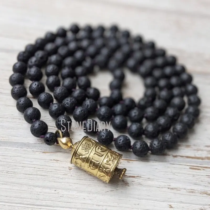 

MN31598 Tibetan Prayer Wheel Necklace 108 Bead Mala Volcanic Lava Mala Beads Knotted Meditation Rosary Jewelry