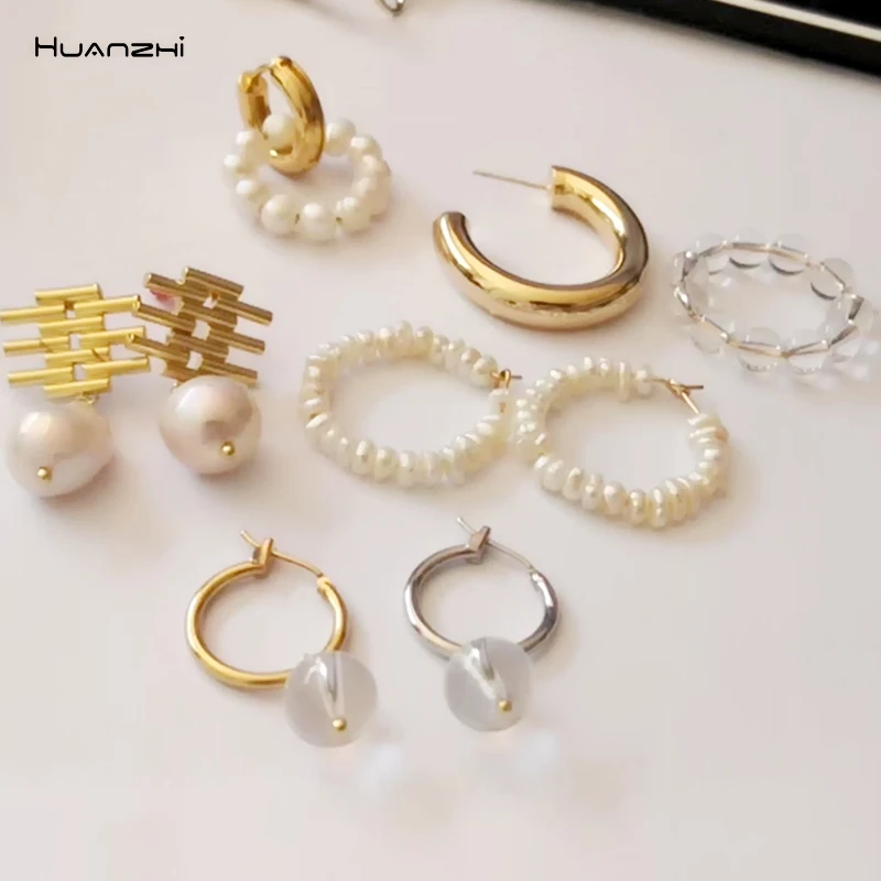 

HUANZHI 2019 New Natural Freshwater Pearl Transparent Beads Geometric Gold Metal C Shape Drop Earring for Women Girls Party