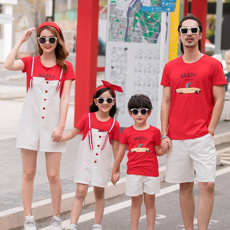 Family Look Mother Daughter Overalls Summer Father Son T Shirts Short