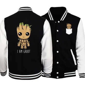 

Groot Baseball Superhero Men Jacket Cute Kawaii Jackets Coat 2019 Winter Autumn Fleece Black White Loose Sportswear Streetwear
