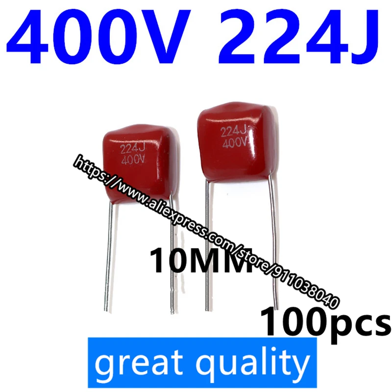 Condensador de película CBB, 100 unids/lote, 400V, 224J, 0,22 220NF, paso de pie, 10MM, más -