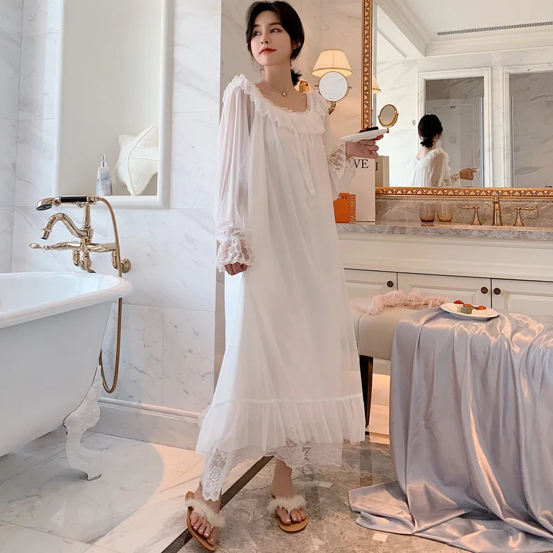 Sleepshirts Fashion Nightgown Ladies Lingerie Womens Sexy Sleepwear Long Sleeve Nightdress Nightwear Lace Palace style dress