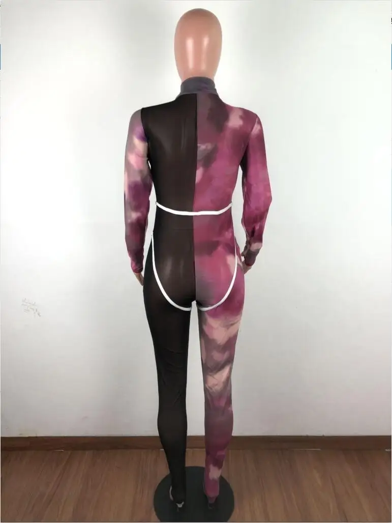 Adogirl Tie Dye Print Sheer Mesh Patchwork Bandage Jumpsuit Front Zipper Turtleneck Long Sleeve Skinny Romper Night Club Overall