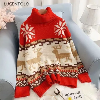 

Lugentolo Sweater Women Christmas Winter Loose New Snowflake Elk Turndown Collar Knitting Bottoming Casual Fashion Sweaters