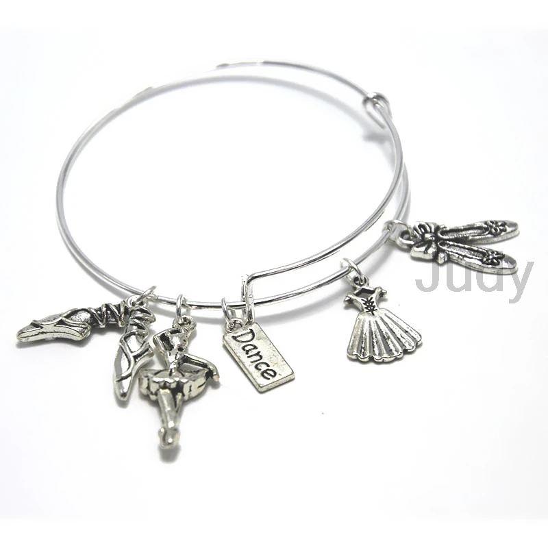 

12pcs/lot Dance Charm Bracelet Gift For Dancer Dance Teacher Gift Expandable Bangle Ballet silver tone