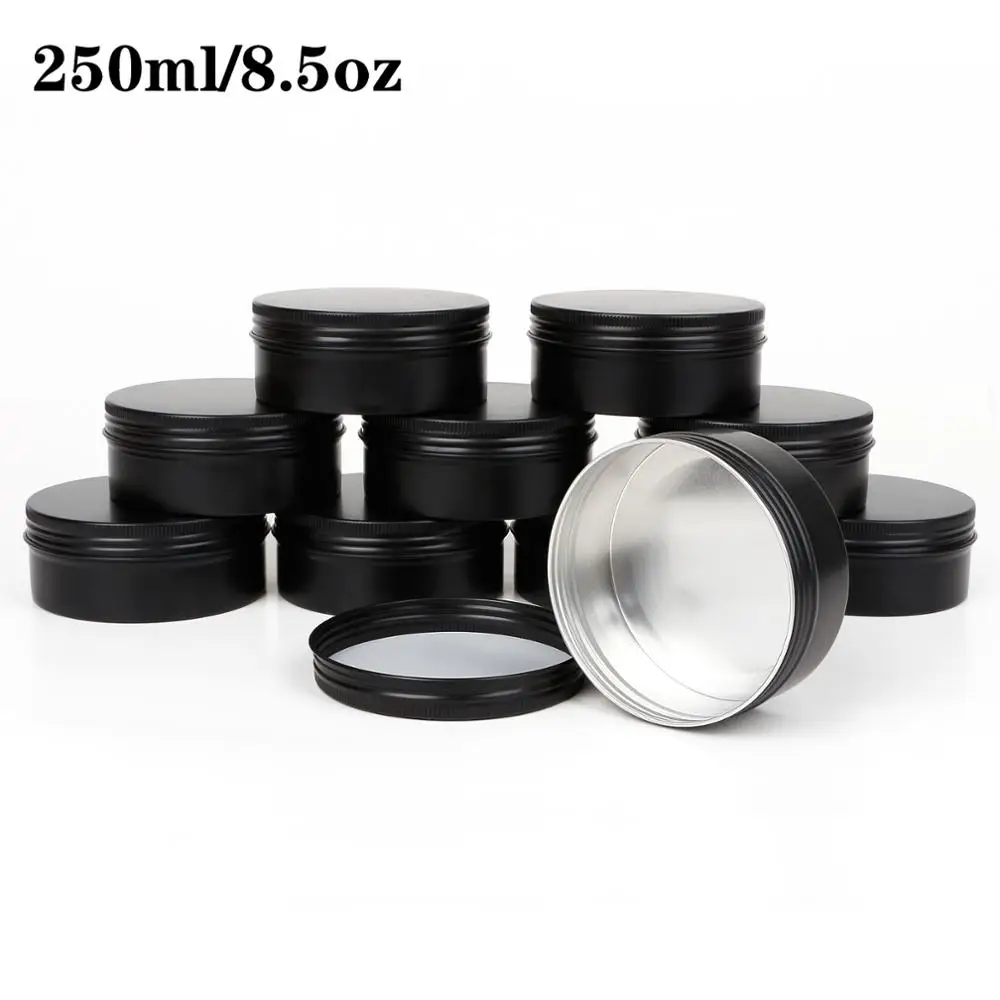 

10pcs 250ml Round Metal Tin Jar Aluminum Box Cosmetic Cream Can Candy Storage Pot Black Candle Containers 8.5oz