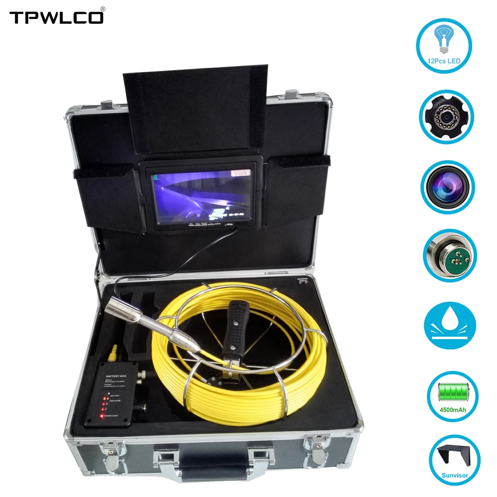 

7inch Monitor 23mm Pipe Endoscope Sewer Camera IP68 Waterproof Professional Pipeline Inspection System 20m-50m Cable 12pcs LEDS