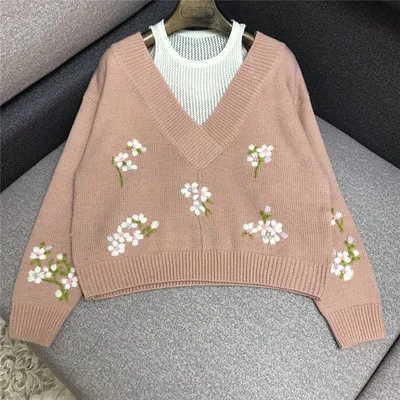 Роскошный дизайнерский брендовый вязаный свитер для женщин Causel с v-образным вырезом вязаные цветы вышитые свободные трикотажные пуловеры - Цвет: Розовый