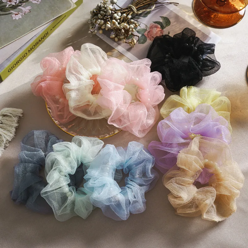 New Spring and Summer Gauze Pearl Elastic Hair Band Solid Color Scrunchies |