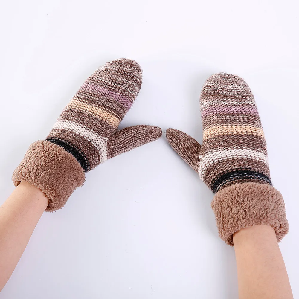 Fashion Women Stripe Gloves Full Fingers Wool Warm Mittens Winter Thicken Cold-Proof Plush Knitted Glove Female Gants Femme