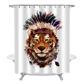 

Tiger in a Indian Headdress of Feathers Shower Curtain Liner, Watercolor Illustration Lion Head Home Ornaments for Kids Boy