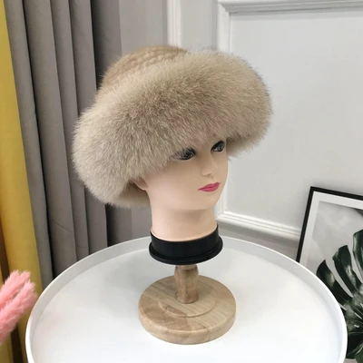 Настоящая меховая шапка зимняя для женщин Шапки натуральный мех норки с лисьим мехом шапка новая однотонная русская солнце Вязание Панамы - Цвет: Pearl yellow
