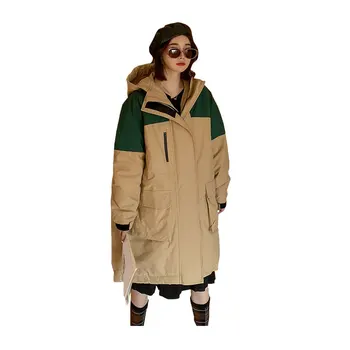 

Women Long Winter Jacket Hooded Contrast Collar Windproof Down Jacket Oversize Cotton padded Parkas Outwear Overalls Coat