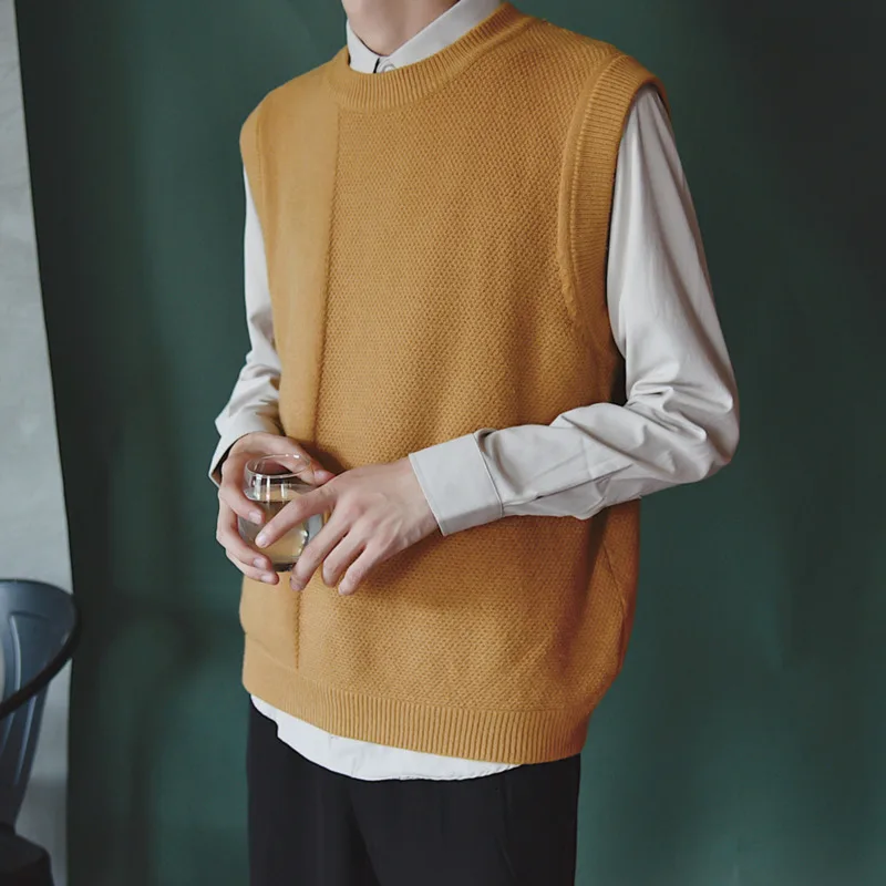 Осенний свитер жилет мужской модный однотонный Повседневный Круглый вырез мужской пуловер Свободный жилет без рукавов свитер мужской одежды