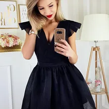 A-Line платье для выпускного вечера v-образным вырезом без рукавов короткое черное Тюлевое платье для выпускного вечера