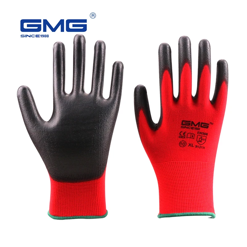 6 Pairs Work Gloves CE EN388 Red Polyester Black PU Mechanic Working Anti-static Gloves For Work Safety Glove For Women Men