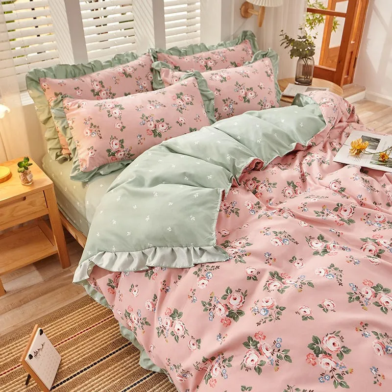 Peony Floral Girls Duvet Cover Set Soft Cotton Brushed Farmhouse Chic Blossom Ruffle 3/4Pcs Bedding set Fitted sheet Pillowcase