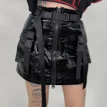 Готическая Черная Женская юбка из искусственной кожи с кисточками и карманами, вечерние юбки с поясом, Готическая уличная Женская Сексуальная мини-юбка на молнии
