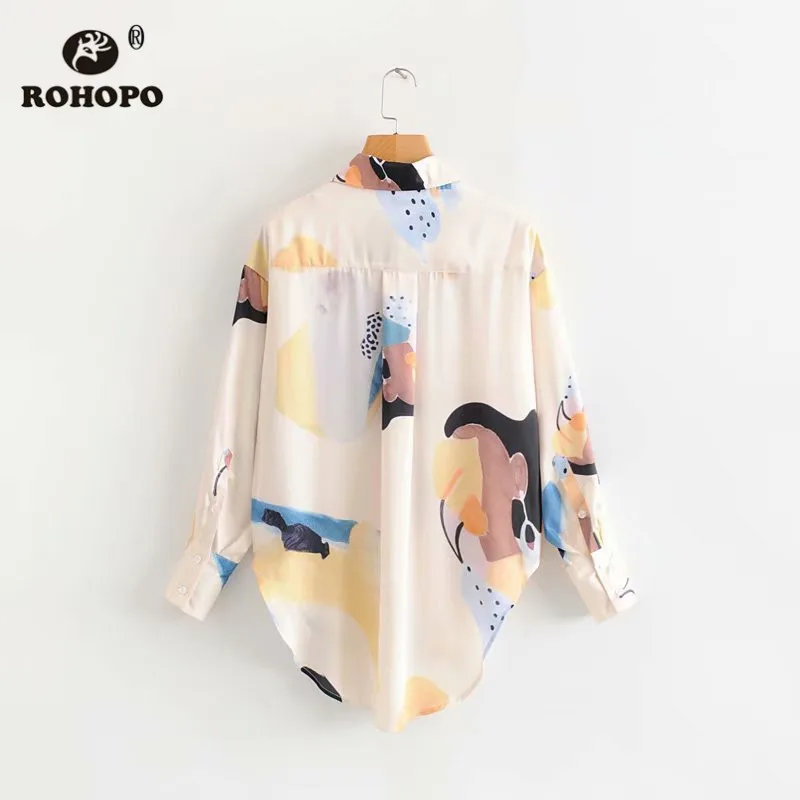 ROHOPO/Осенняя блузка с длинными рукавами и фруктовым принтом, круглая оторочка высокого и низкого качества, мягкая шикарная прямая женская рубашка,#7113