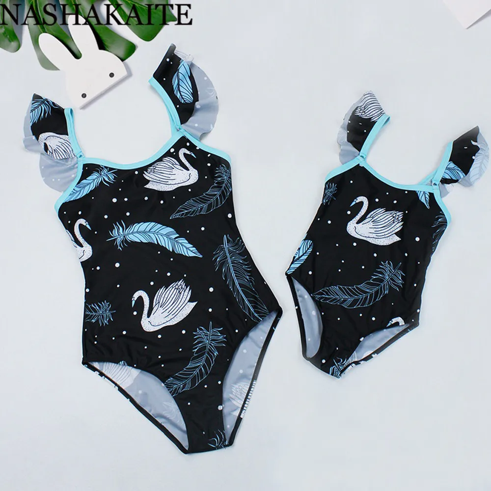 NASHAKAITE купальный костюм для мамы и дочки с рисунком лебедя крыльями на плечах