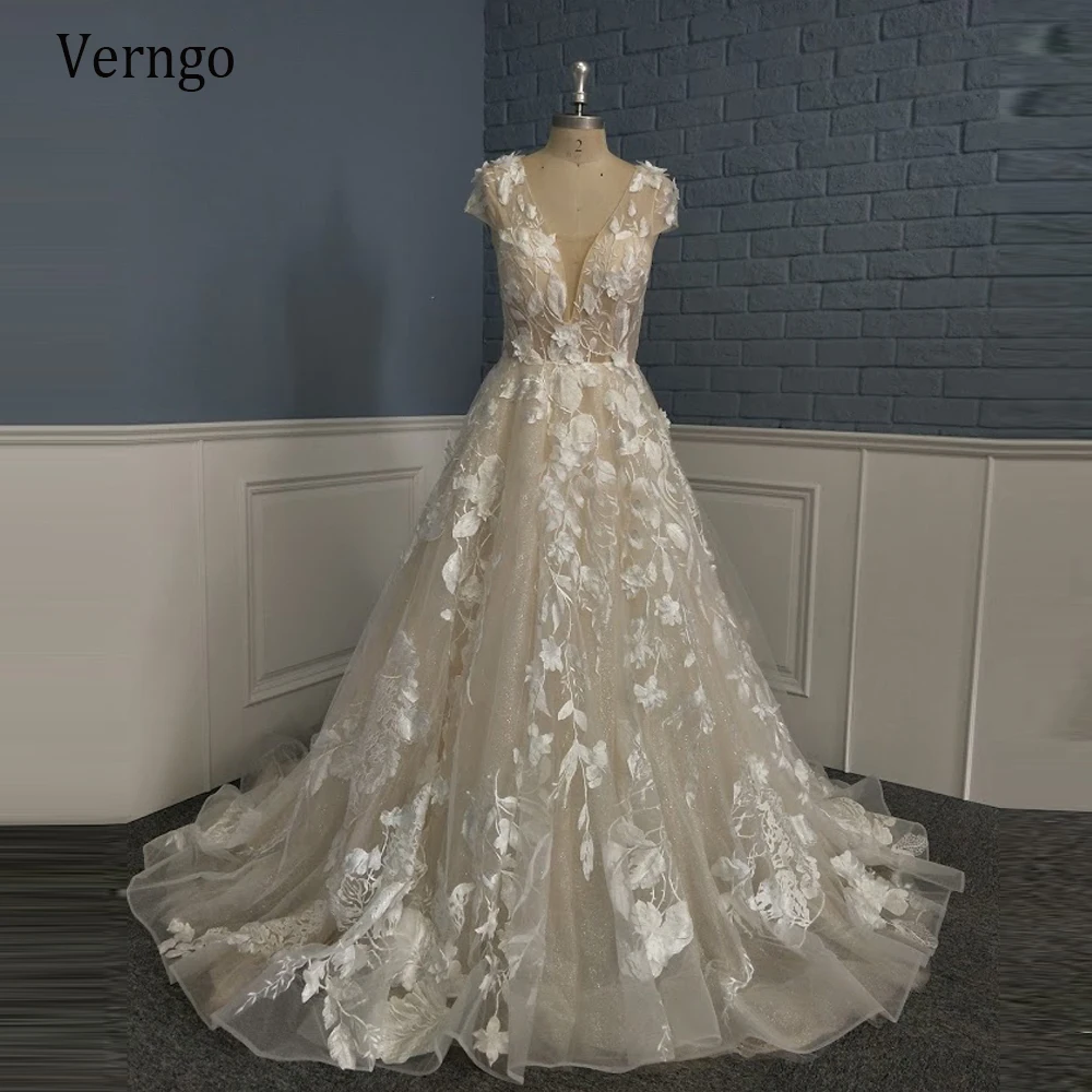 

Verngo Stunning Lace Floral A Line Wedding Dress Champagne Bride Gowns With Short Cap Sleeves Backless 2021 Bridal Dresses