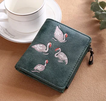 

JIULIN Band Women's designer Handcraft Embroidery Wallet White Swan Purse Matte PU Leather Wallet Wholesale