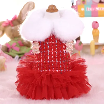 

Autumn and Winter Newest Red Pink Colored Woolen Fur Collar and Velvet Cotton Dress Pet Dog Clothes Pet Dress Winter Luxury Dog